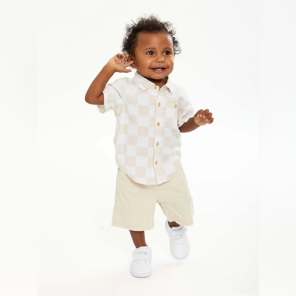 Toddler Beige + White Neutral Checkered Button Down Shirt